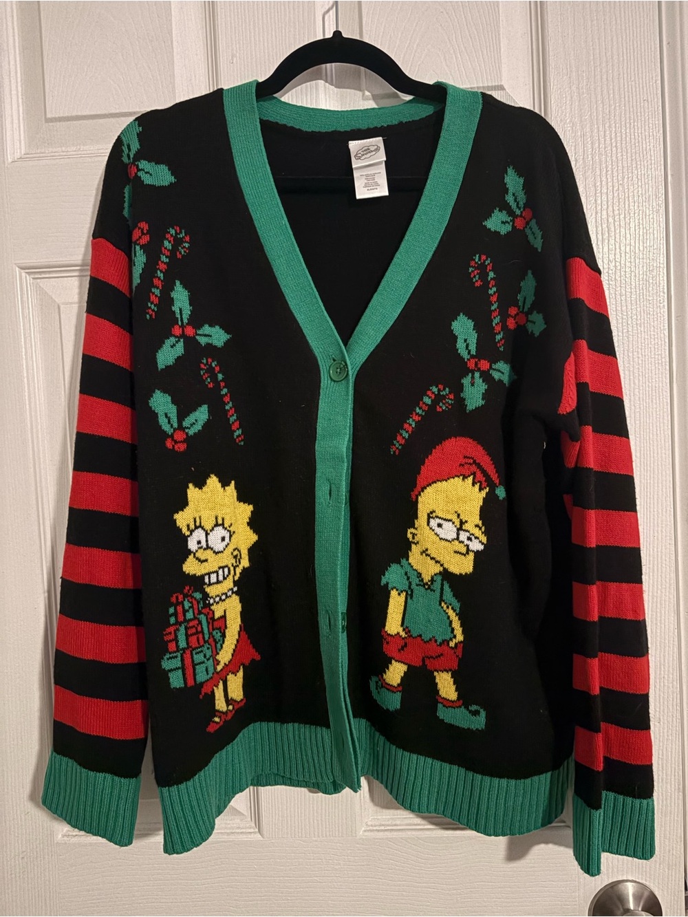 The Simpsons Festive Black & Green Women's Holiday Cardigan Sweater